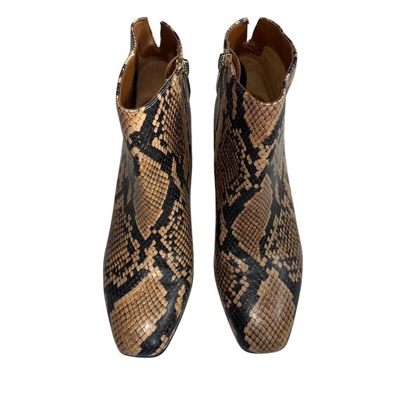 Franco Sarto Snake Print Ankle Boots Sz 7.5M Tan Black Block Heel Leather Bootie - Picture 2 of 7